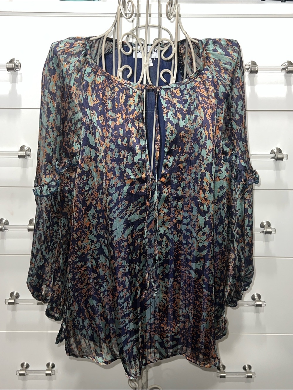 Veronica M Navy, Copper & Teal Print Tie-Front Peasant Blouse, size S